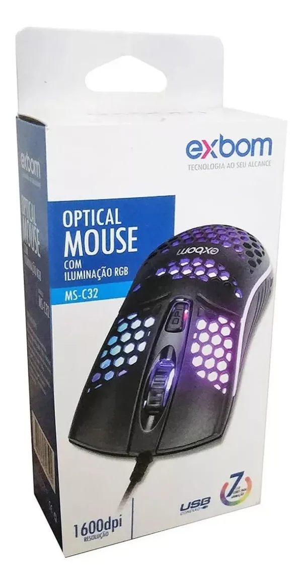 Mouse Gamer Usb Exbom MS-C32 RGB Preto/Branco 1600/1200 DPI