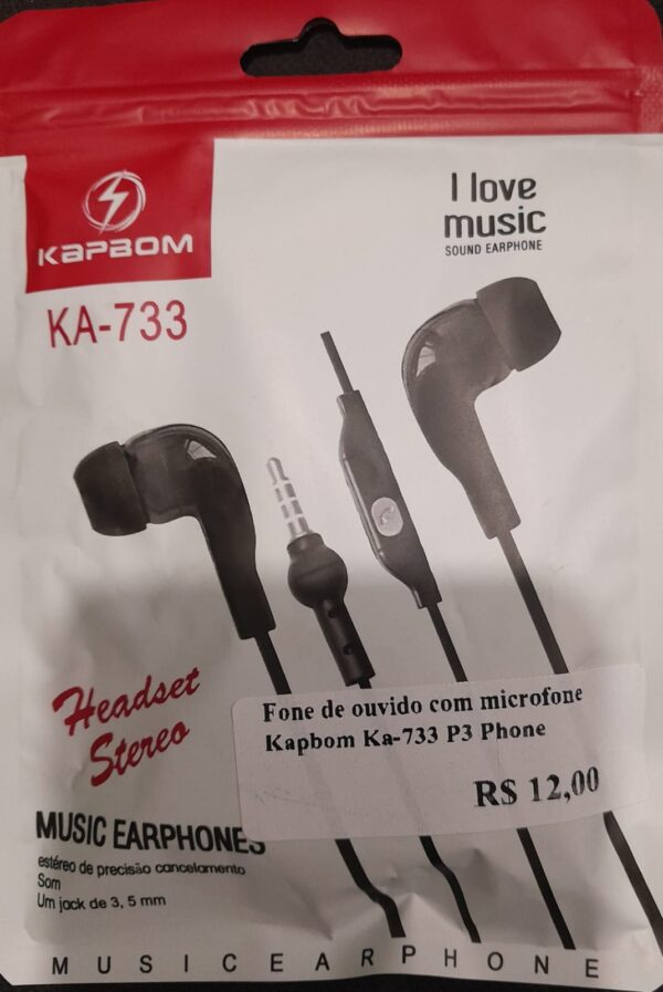 Fone de ouvido com microfone Kapbom Ka-733 P3  Phone