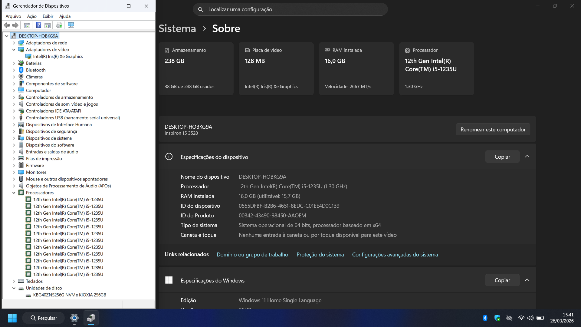Notebook Dell Inspiron 3520 - Intel I5-1235U, 16GB DDR4, 256GB NVMe, 15.6"